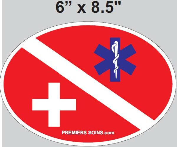 Premierssoins.com - Autocollant Premiers Soins ovale (Plongée Croix de Vie et Croix blanche - 6 pouces de hauteur)