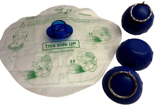 Masque de poche porte clefs pour RCR,  avec valve et filtre, dans une boule bleu