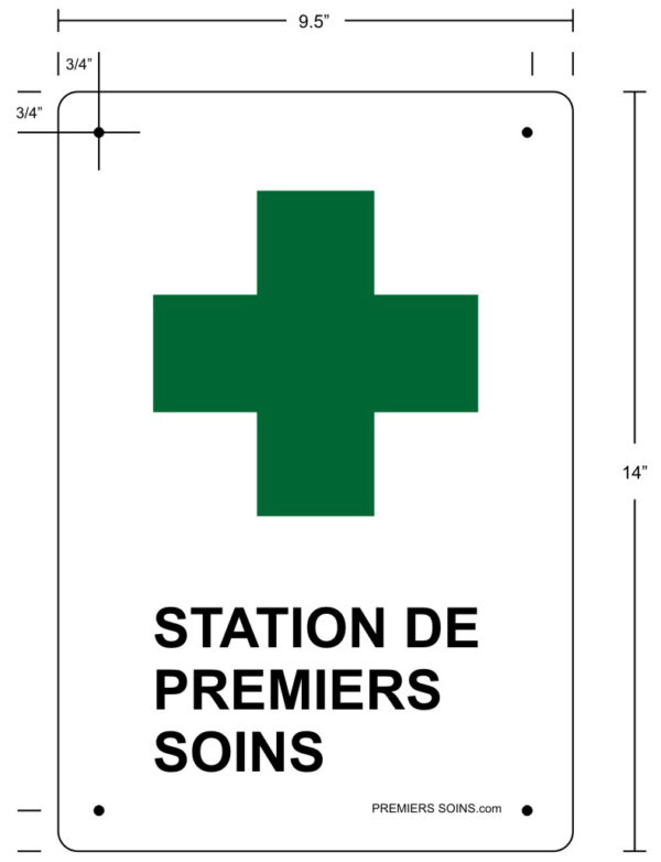Enseigne STATION DE PREMIERS SOINS aluminium, 1 côté, 9.5x14po Croix Verte