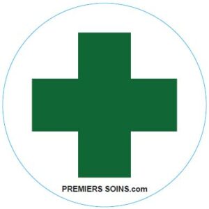 Autocollant Premiers Soins rond (Croix verte avec fond blanc - 6 pouces de diamètre)
