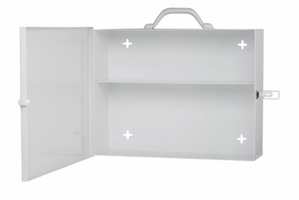 Trousse de premiers soins VIDE en MÉTAL (15-3/4 pouces x 12-3/8 pouces x 4-5/16 pouces) non identifiée